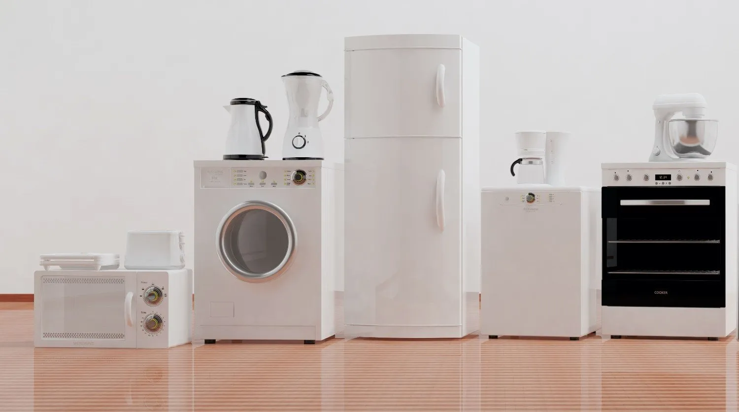 Washer, refrigerator, oven and small kitchen appliances in a row